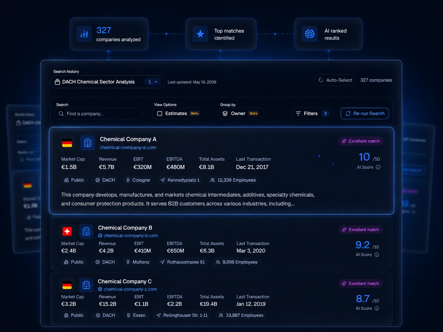 StrategyBridgeAI longlist results interface for M&A target search