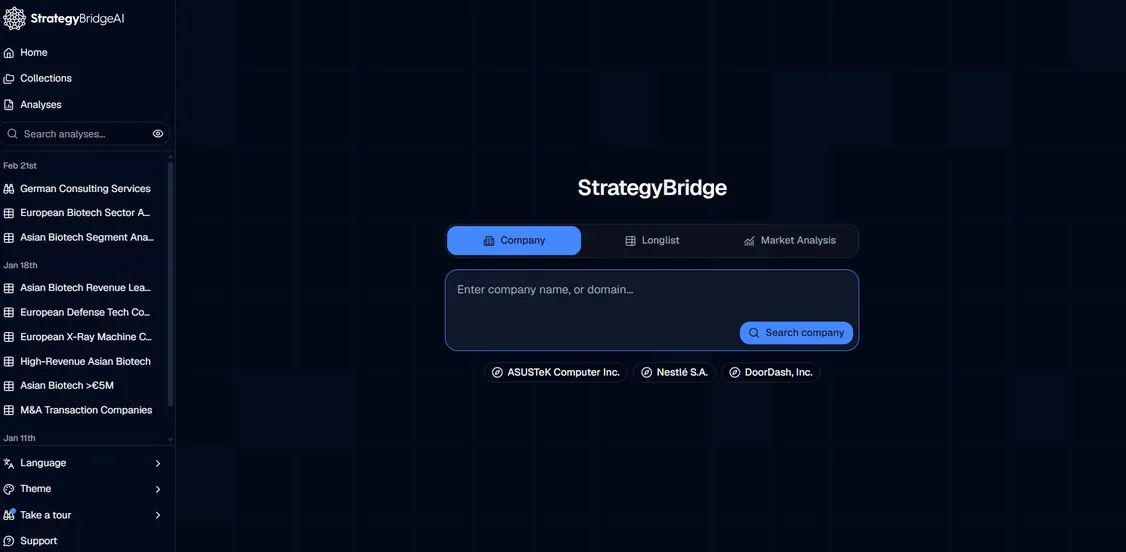 StrategyBridgeAI platform start screen